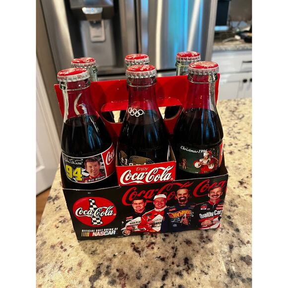 1996 Coca-Cola Limited Edition Bottles NASCAR Racing Christmas Olympics 6 Pack - Picture 1 of 4